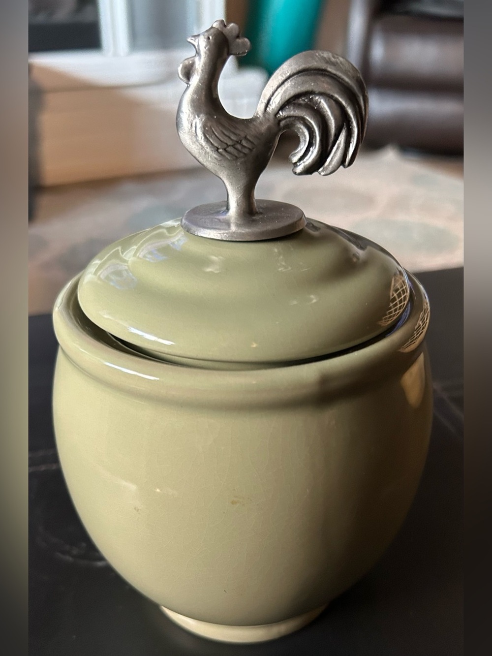 Home, Ceramic Canister with pewter Rooster on Lid - Olive Green